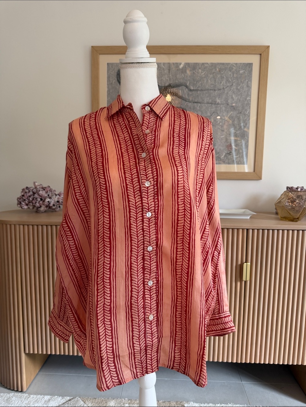 Hannah Red and Peach Vertical-Stripe Button Down Shirt